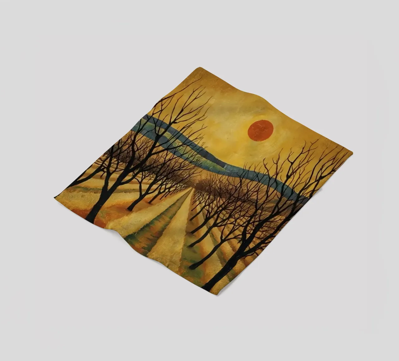 Treelined pathway with red sun over fields and bare trees fleece blanket by DesignDoodle
