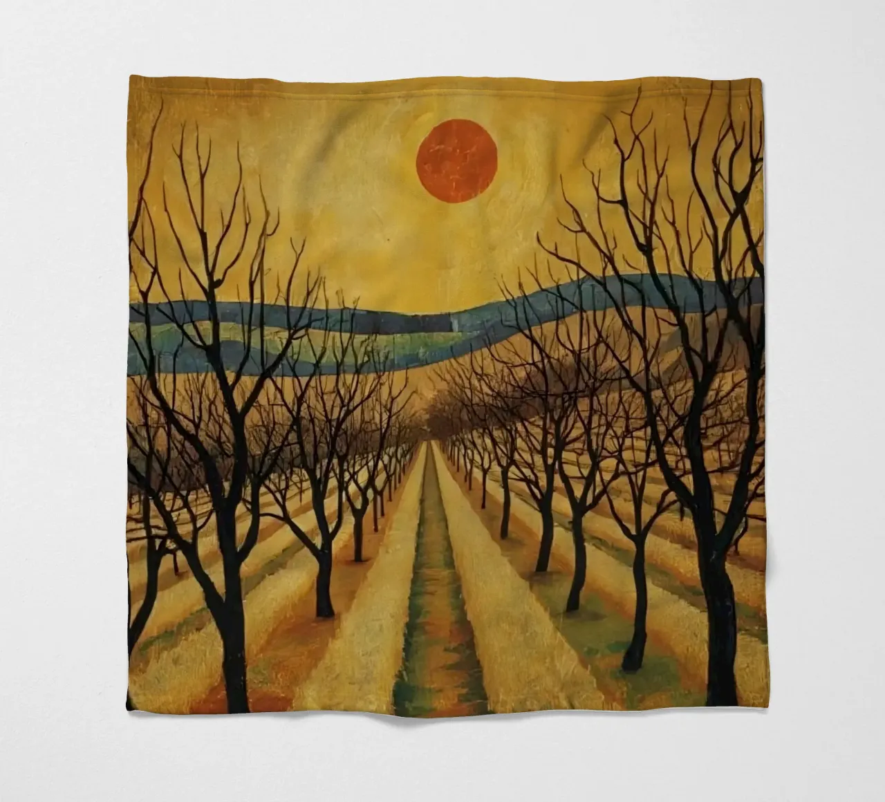 Treelined pathway with red sun over fields and bare trees fleece blanket by DesignDoodle