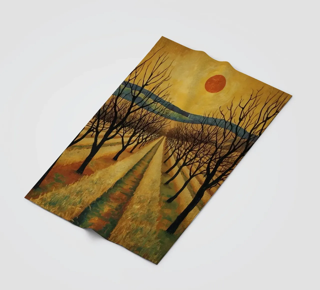 Met bomen omzoomd pad met rode zon over velden en kale bomen fleecedeken van DesignDoodle