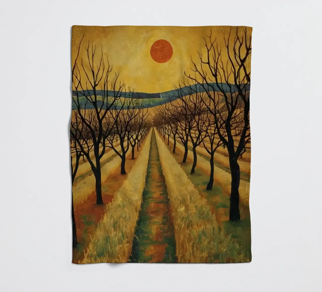 Treelined pathway with red sun over fields and bare trees fleece blanket by DesignDoodle