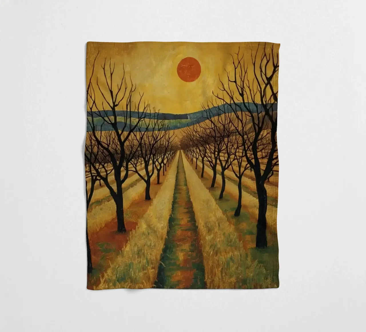 Treelined pathway with red sun over fields and bare trees fleece blanket by DesignDoodle