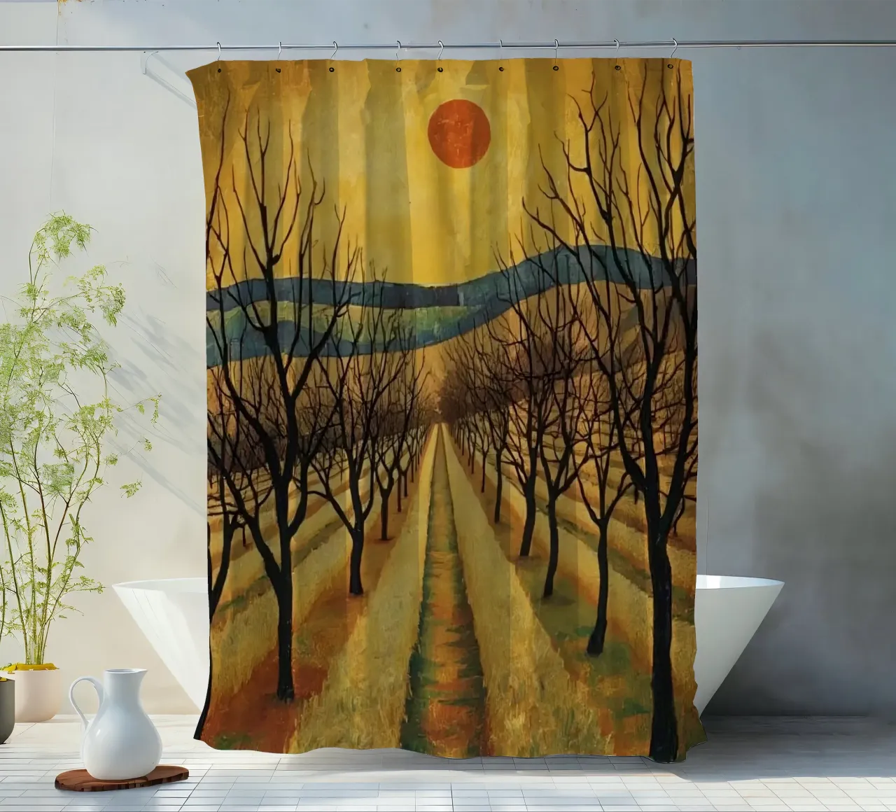 Treelined pathway with red sun over fields and bare trees shower curtain by DesignDoodle