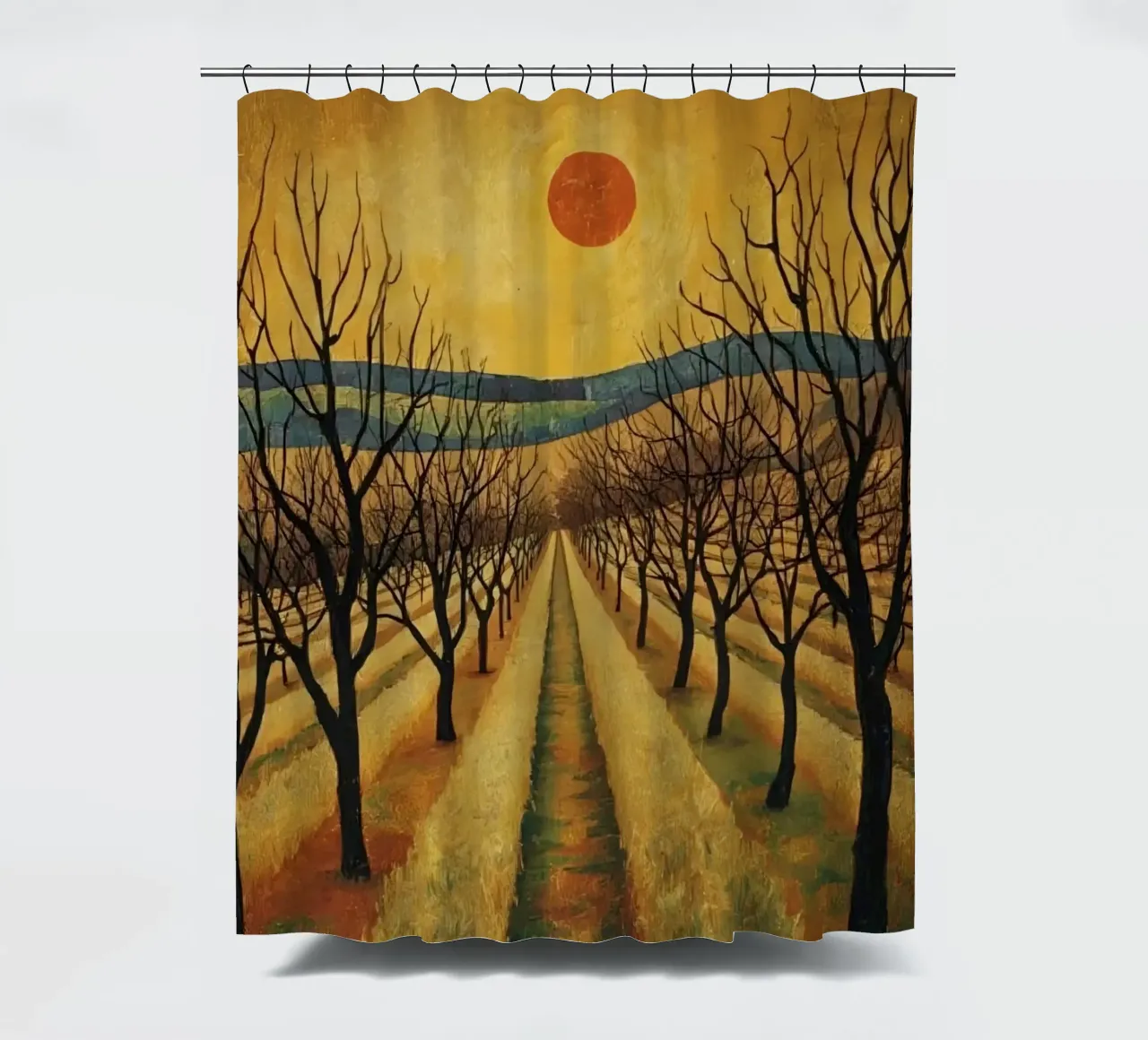 Treelined pathway with red sun over fields and bare trees shower curtain by DesignDoodle