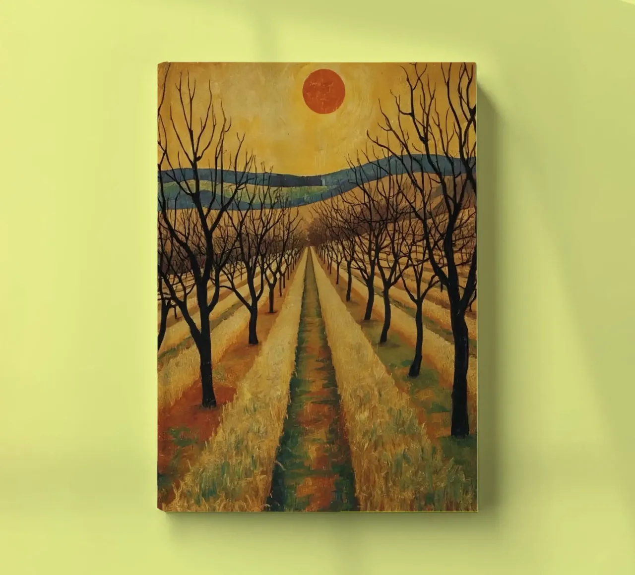 Treelined pathway with red sun over fields and bare trees notebook by DesignDoodle