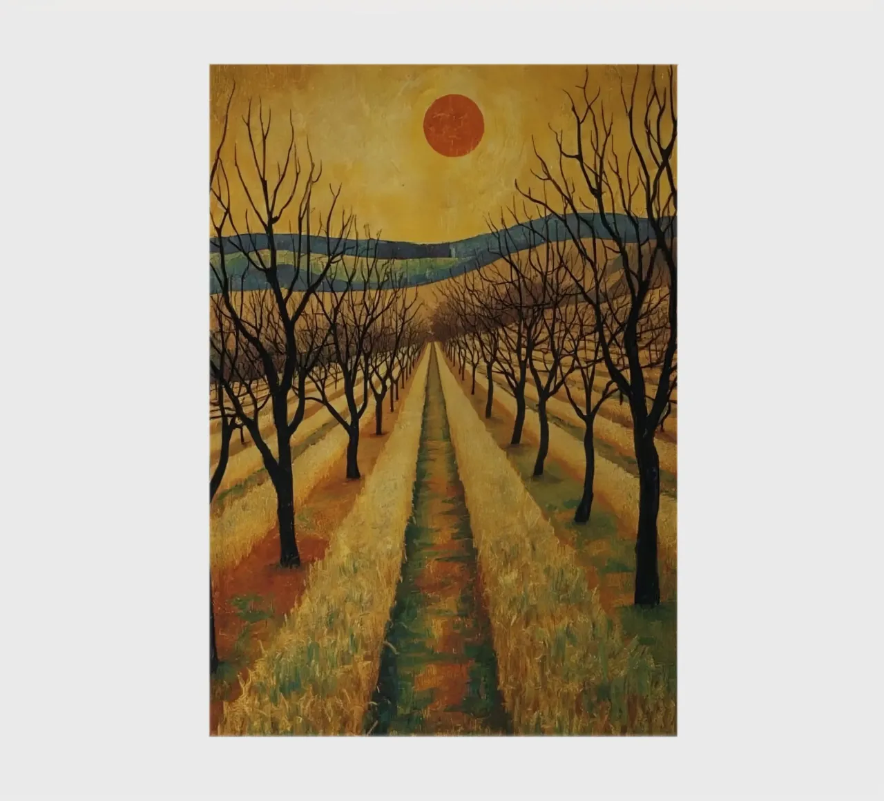Treelined pathway with red sun over fields and bare trees notebook by DesignDoodle
