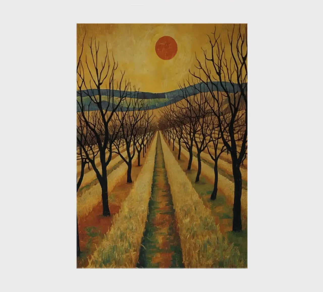 Treelined pathway with red sun over fields and bare trees notebook by DesignDoodle
