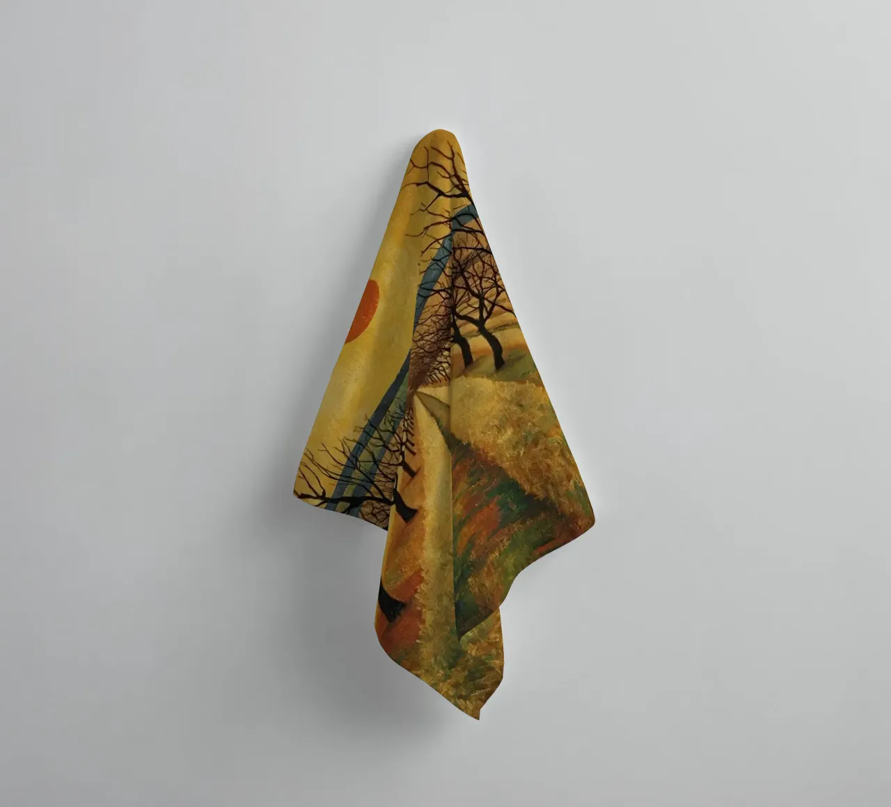 Treelined pathway with red sun over fields and bare trees towel by DesignDoodle