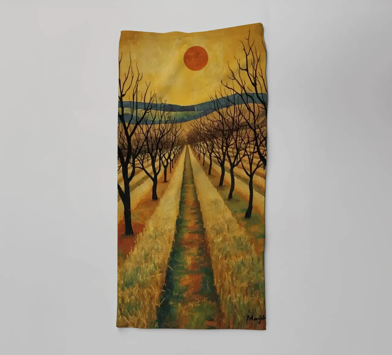 Treelined pathway with red sun over fields and bare trees towel by DesignDoodle