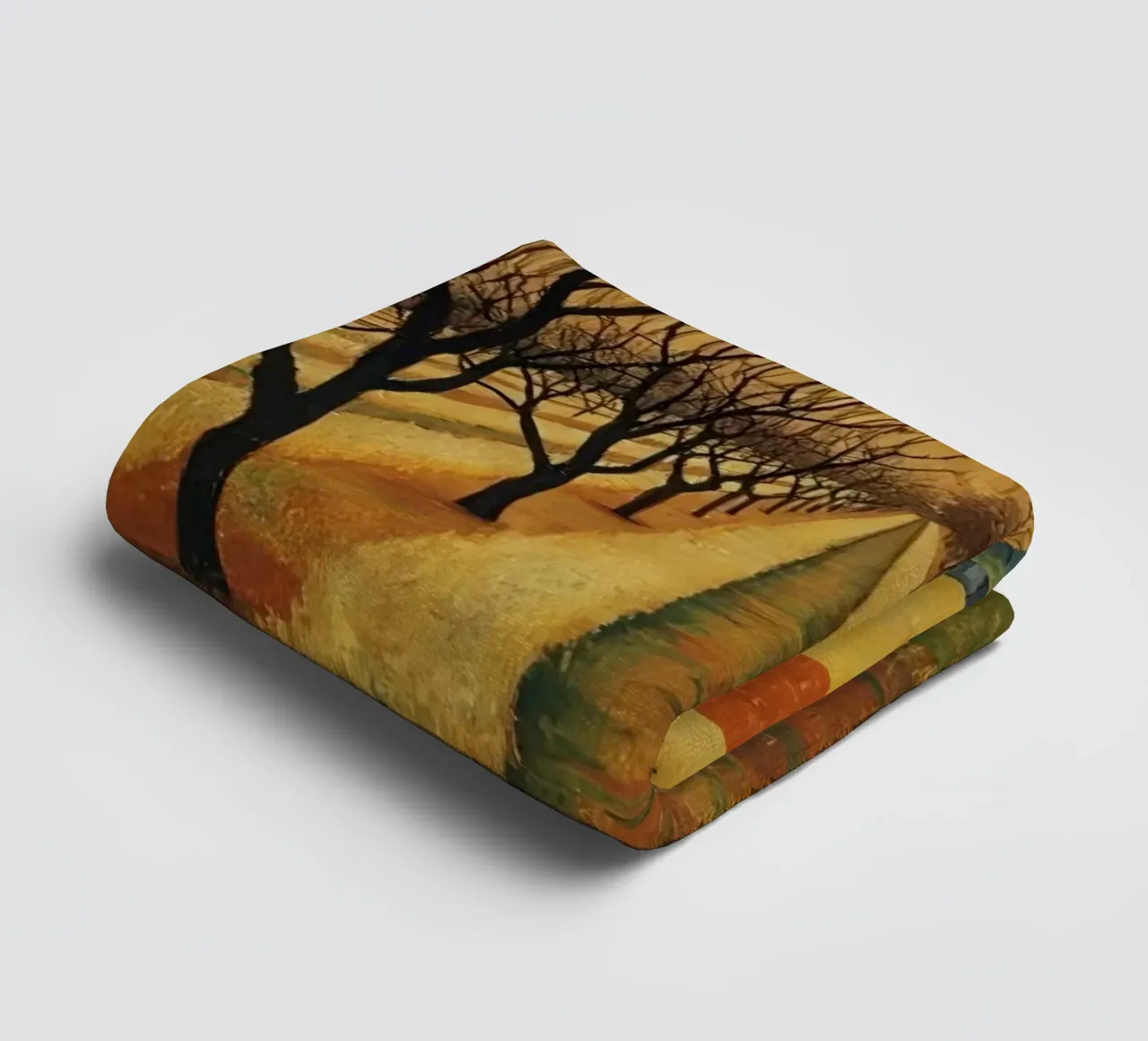 Treelined pathway with red sun over fields and bare trees towel by DesignDoodle