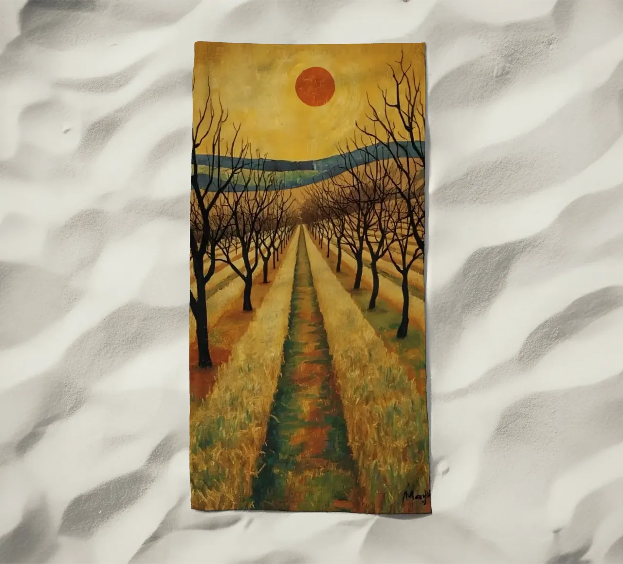 Treelined pathway with red sun over fields and bare trees beach towel by DesignDoodle