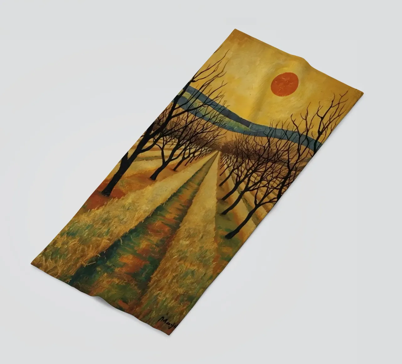 Treelined pathway with red sun over fields and bare trees beach towel by DesignDoodle