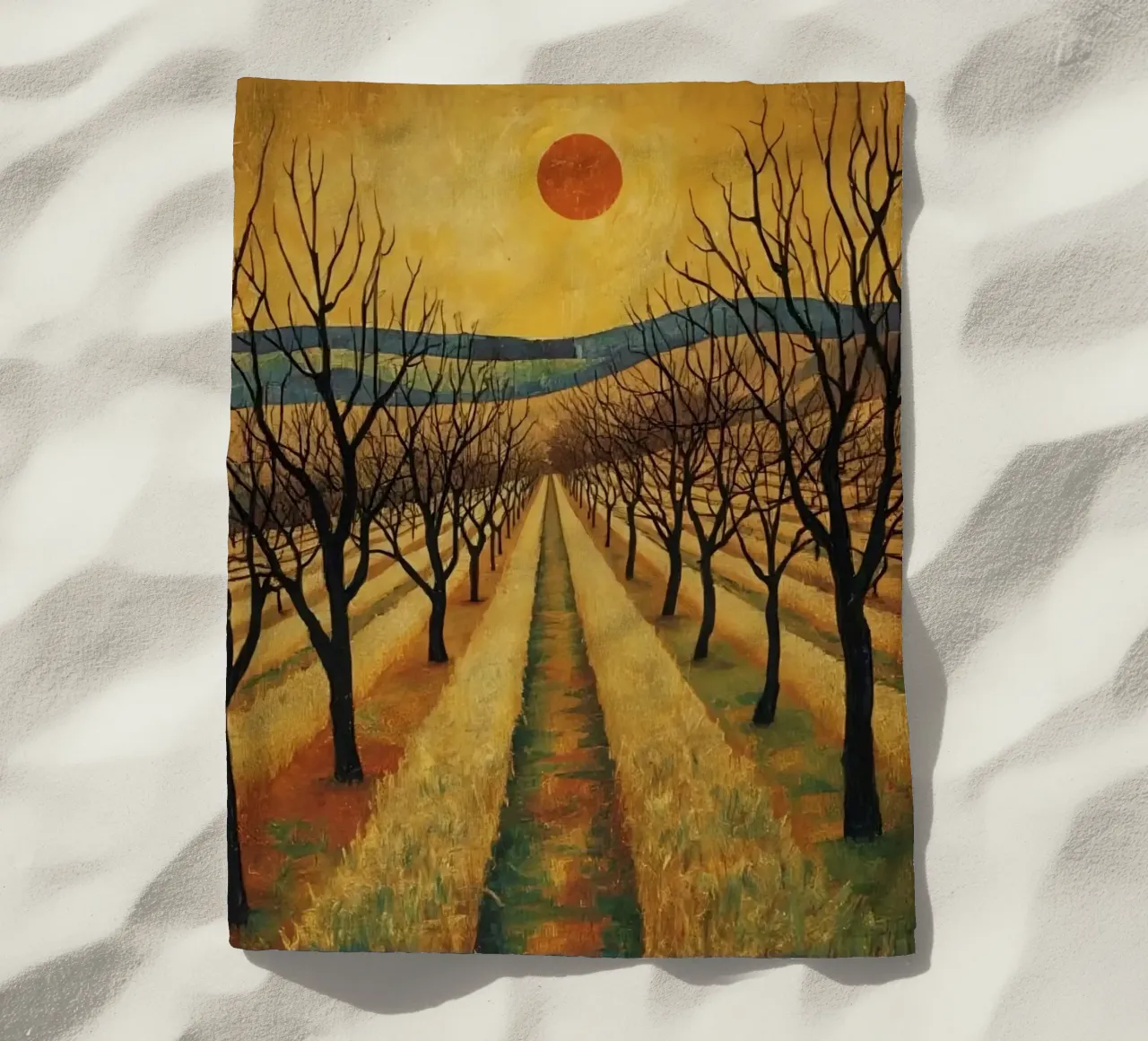 Treelined pathway with red sun over fields and bare trees beach towel by DesignDoodle