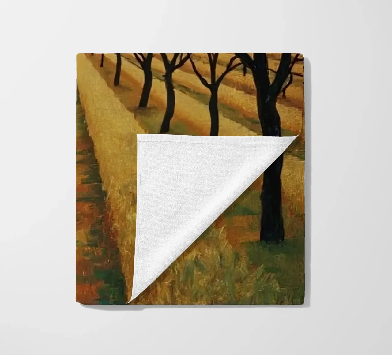 Treelined pathway with red sun over fields and bare trees beach towel by DesignDoodle