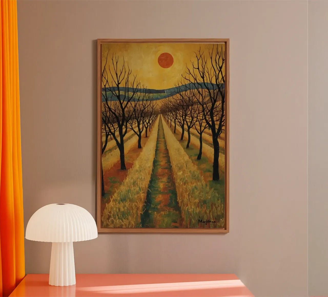 Treelined pathway with red sun over fields and bare trees alu-dibond by DesignDoodle
