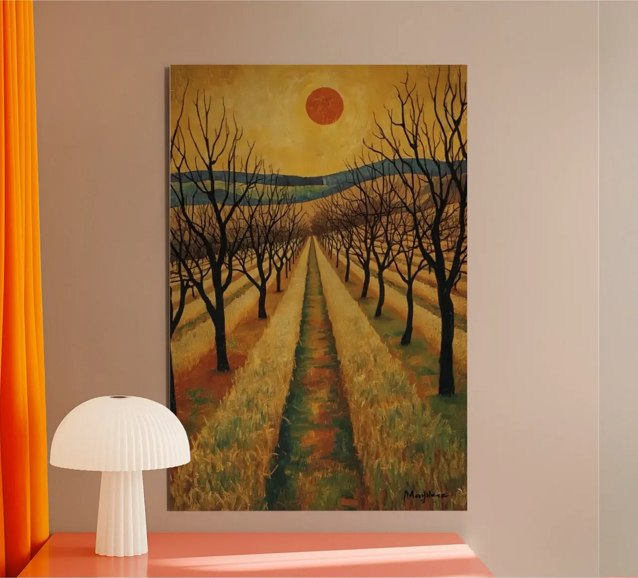 Treelined pathway with red sun over fields and bare trees alu-dibond by DesignDoodle