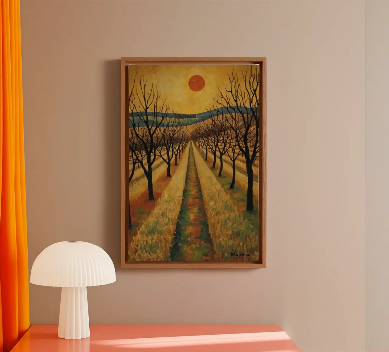 Treelined pathway with red sun over fields and bare trees canvas by DesignDoodle
