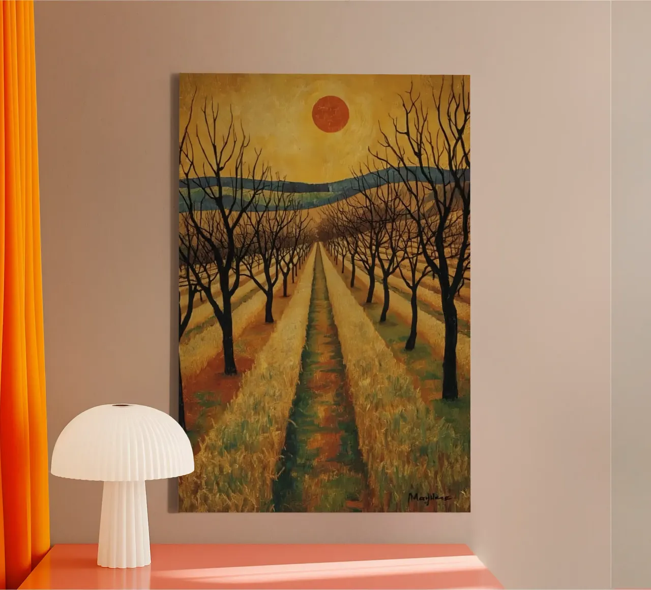 Treelined pathway with red sun over fields and bare trees canvas by DesignDoodle