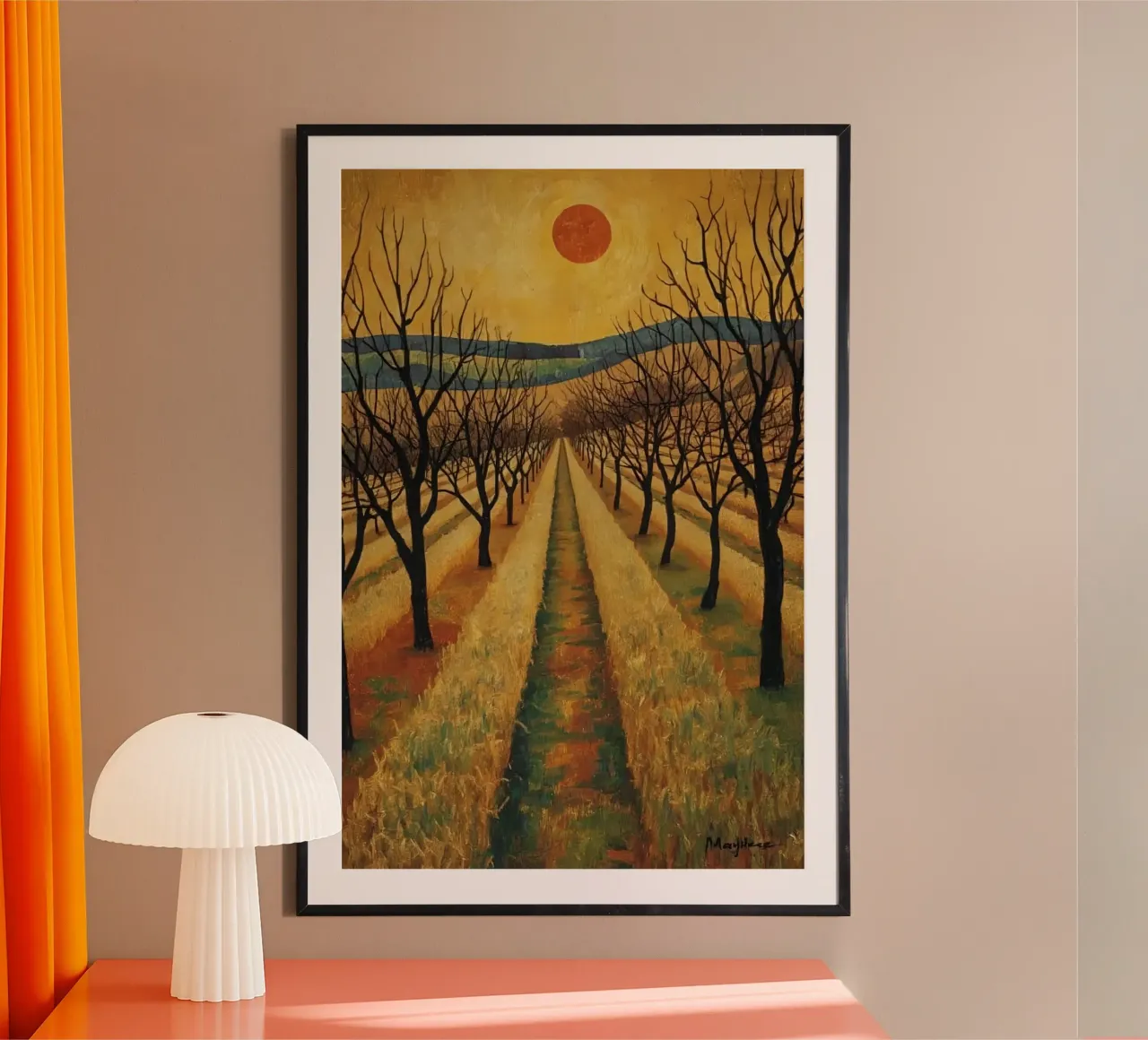 Baumgesäumter Weg mit roter Sonne über Feldern und kahlen Bäumen Hahnemühle von DesignDoodle