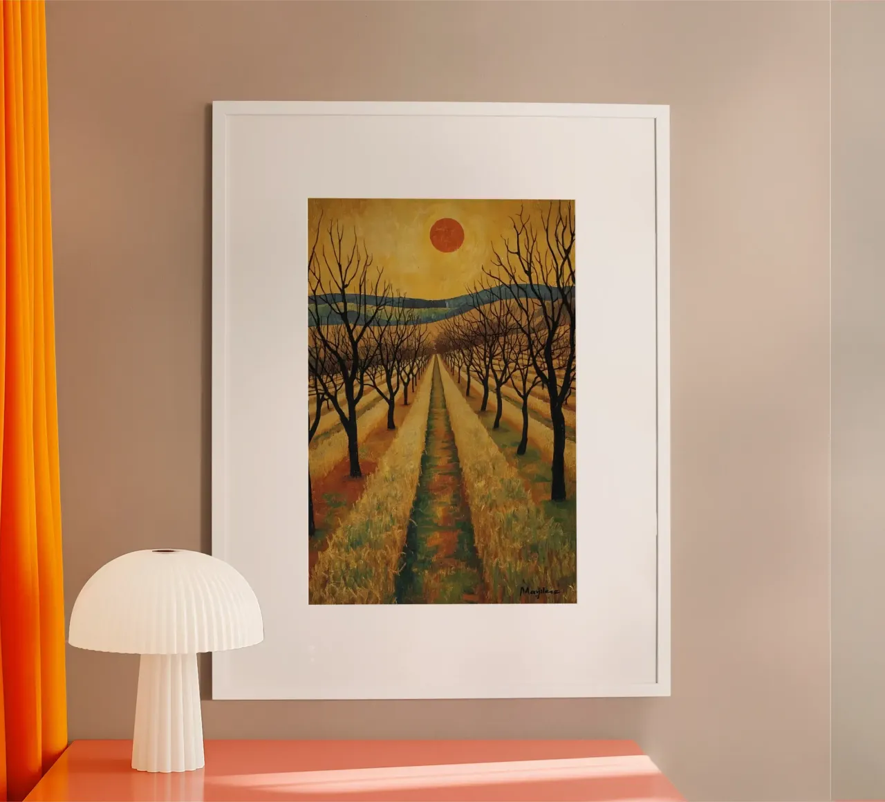 Treelined pathway with red sun over fields and bare trees poster by DesignDoodle