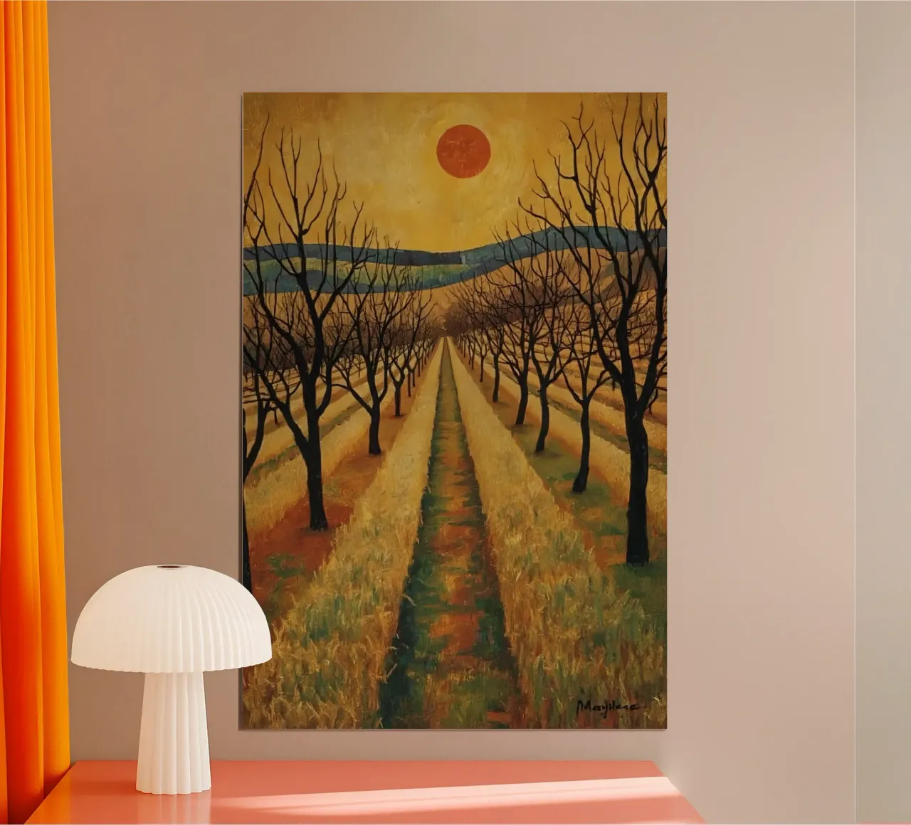 Treelined pathway with red sun over fields and bare trees poster by DesignDoodle