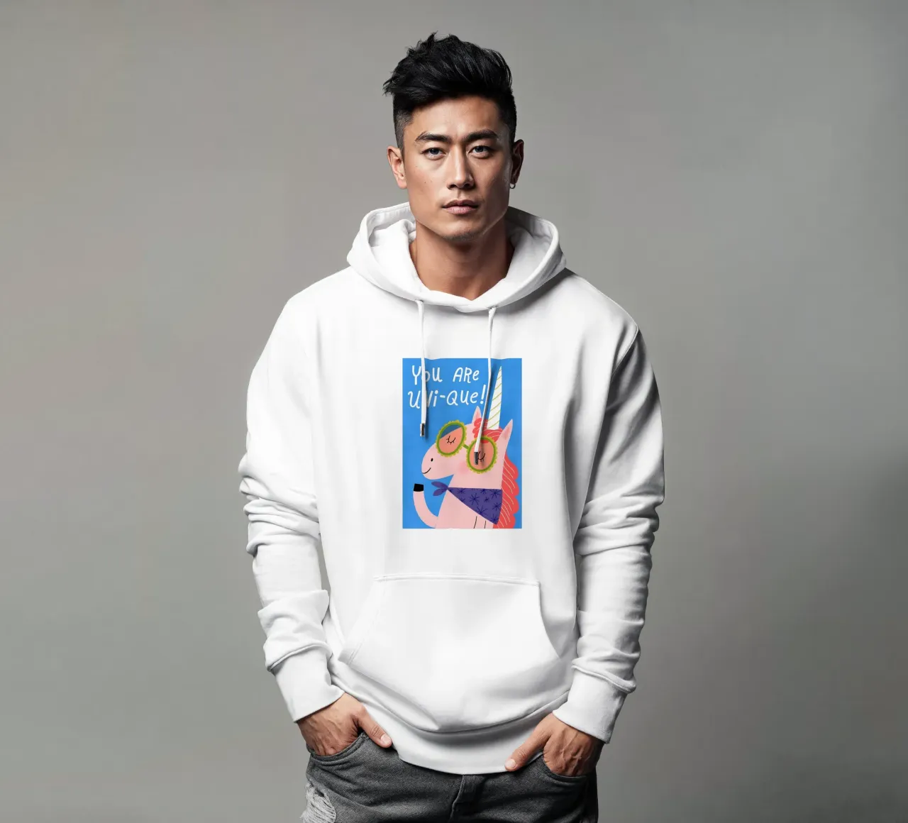 Ilustración única de unicornio con gafas sudadera con capucha de kakaka