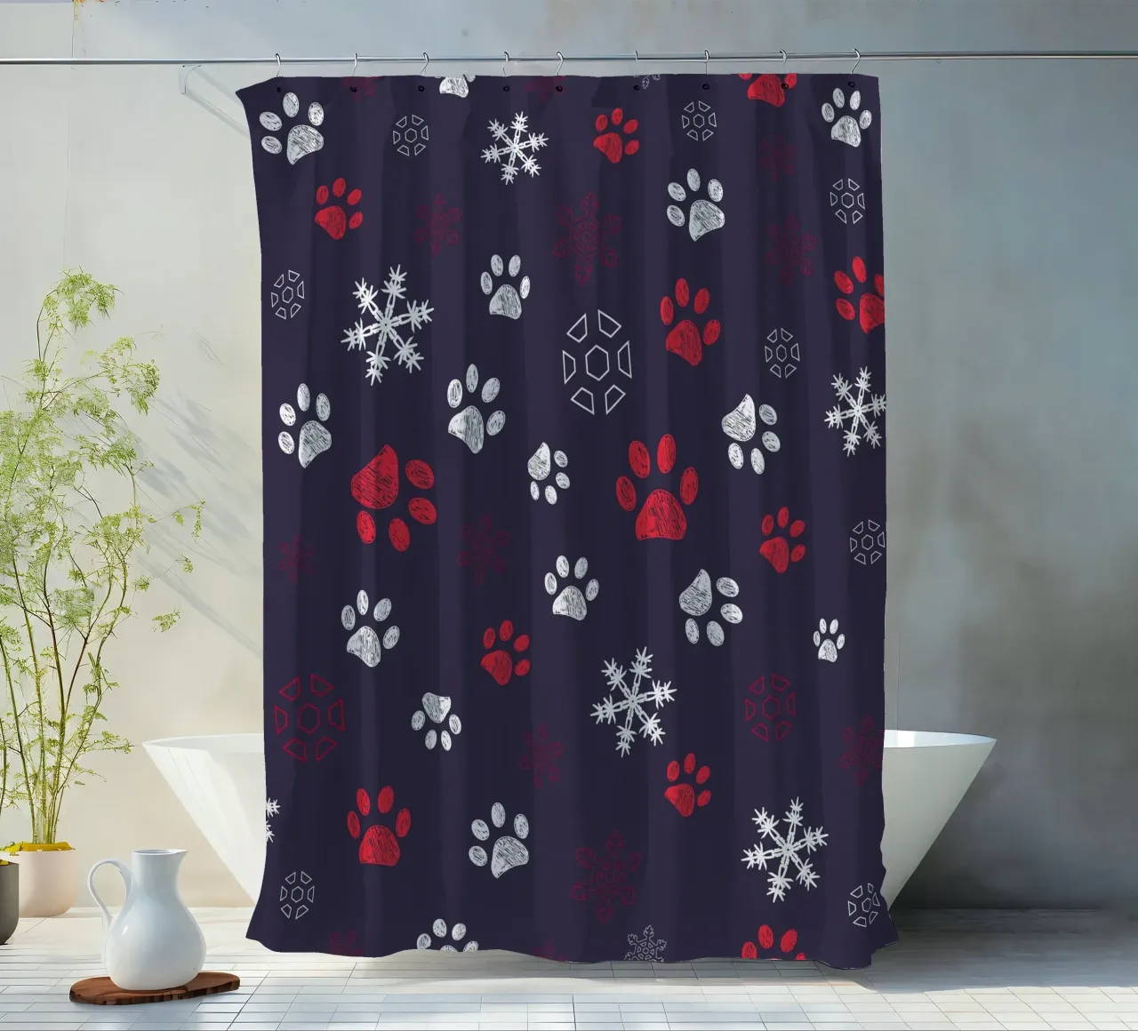 Impronte di zampe con impronte di zampe e fiocco di neve navy tenda da doccia da gulsengunel