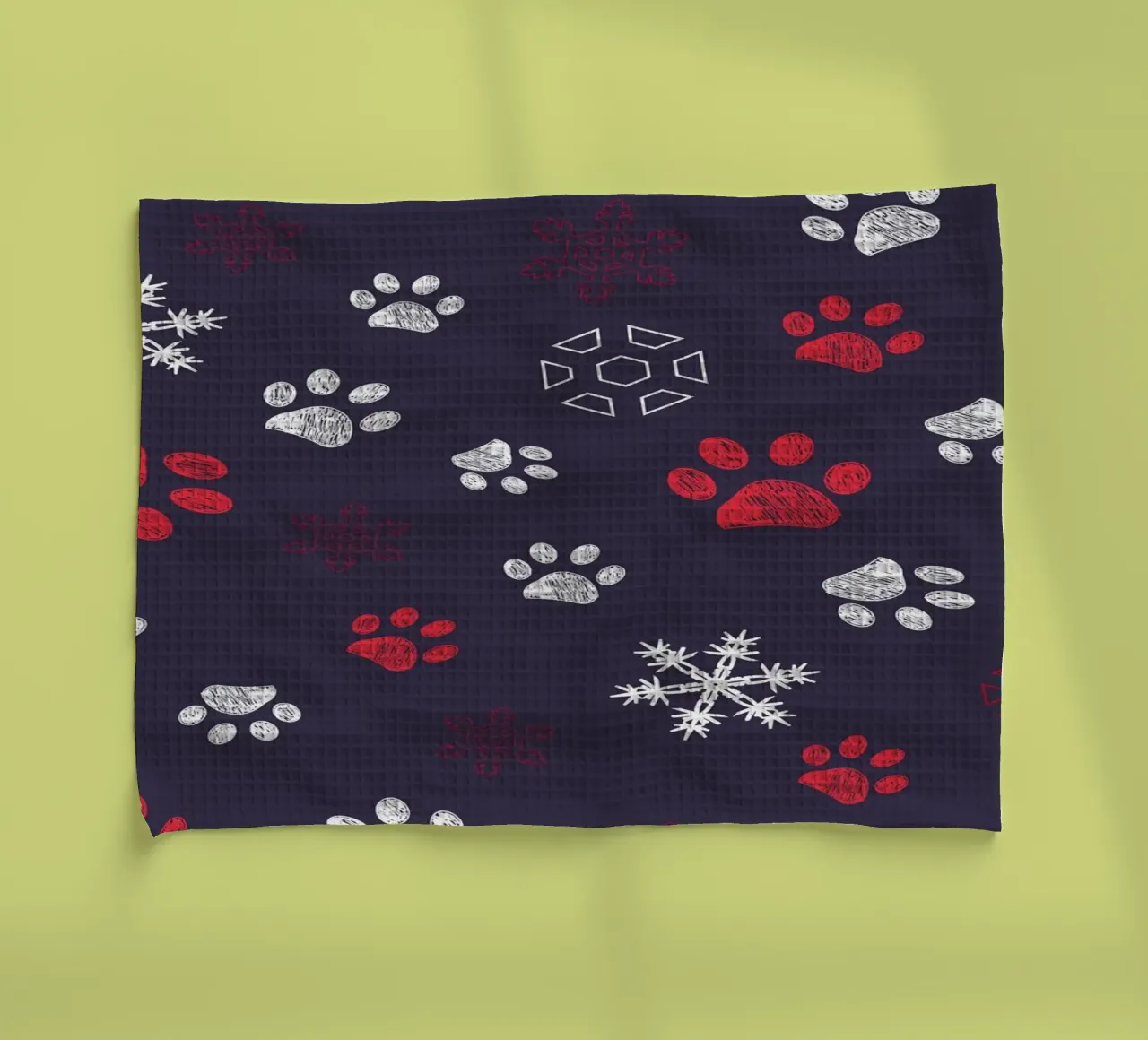 Impronte di zampe con impronte di zampe e fiocco di neve navy canovaccio da cucina da gulsengunel