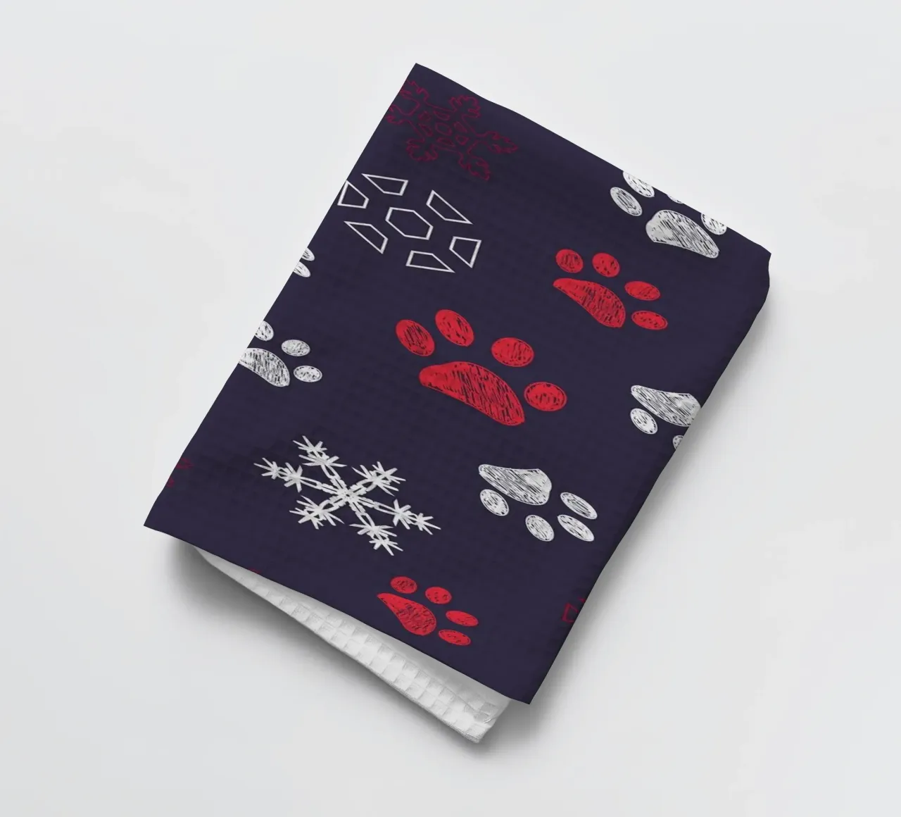 Impronte di zampe con impronte di zampe e fiocco di neve navy canovaccio da cucina da gulsengunel