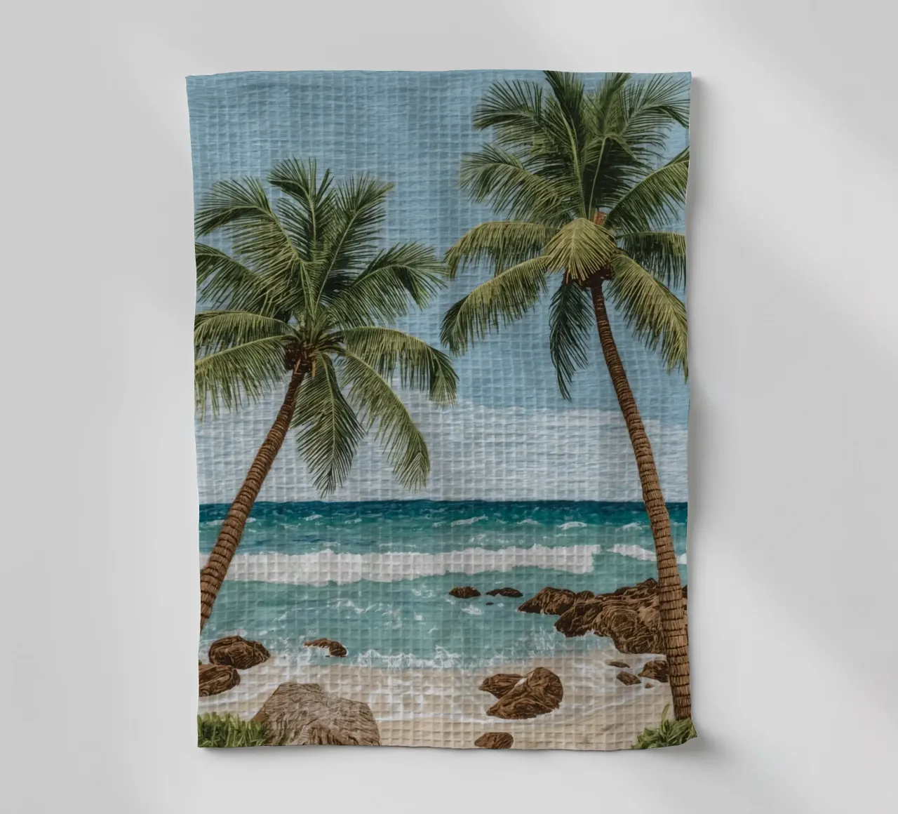 Spiaggia tropicale con palme e onde dell'oceano canovaccio da cucina da DesignDoodle