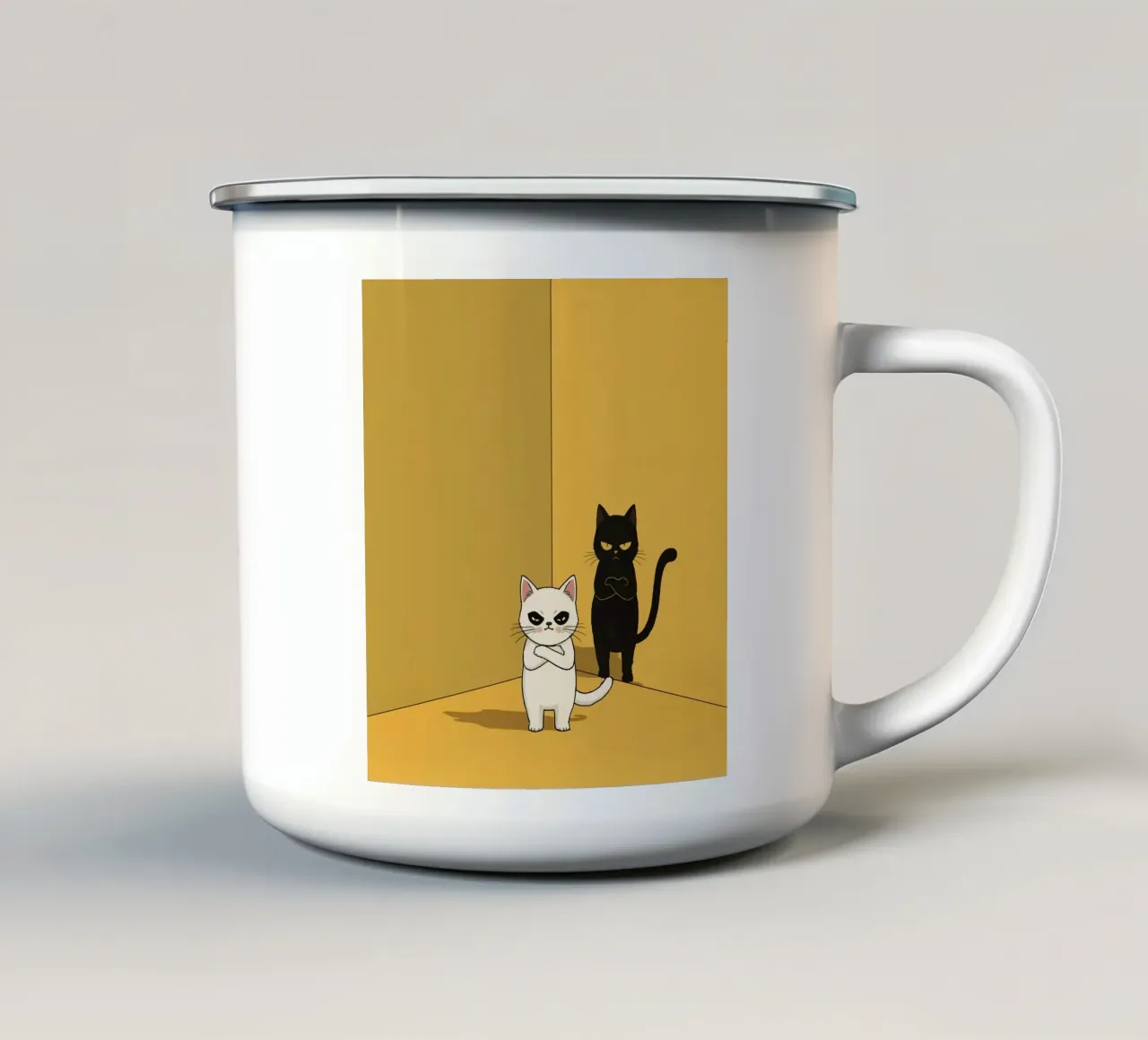 Carino due gatti dei cartoni animati in un angolo tazza in smalto da DesignDoodle