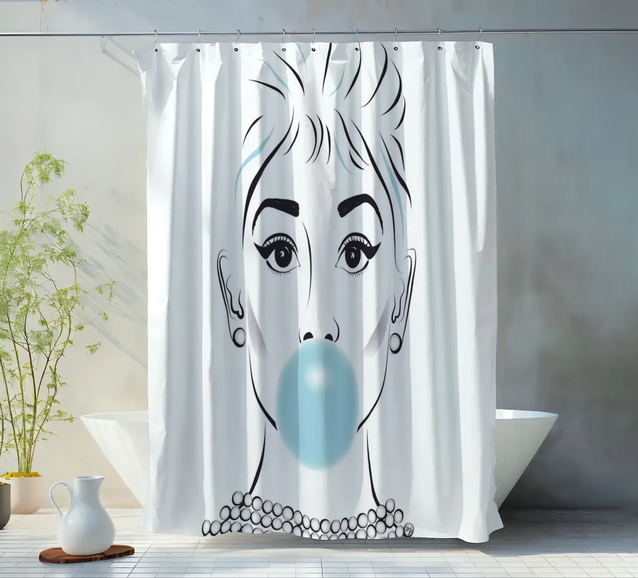 Ritratto di Audrey Hepburn con gomma da masticare tenda da doccia da Martina