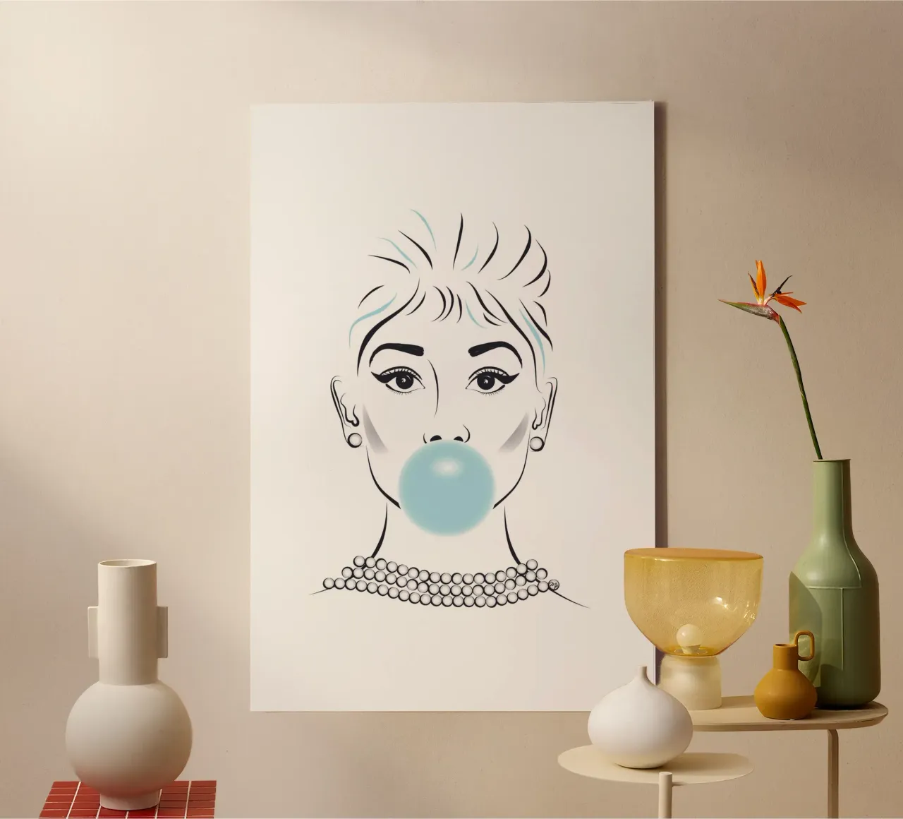 Audrey Hepburn Bubble Gum Portrait canvas with Floater frame by Martina