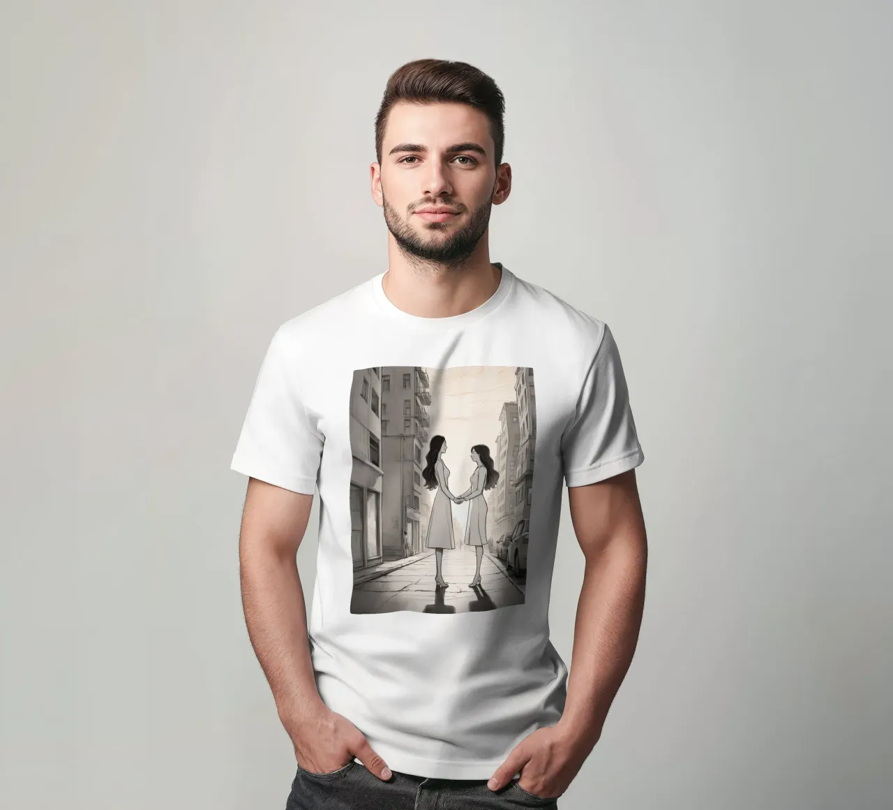 Due amici si tengono per mano in una strada della città t-shirt da DesignDoodle