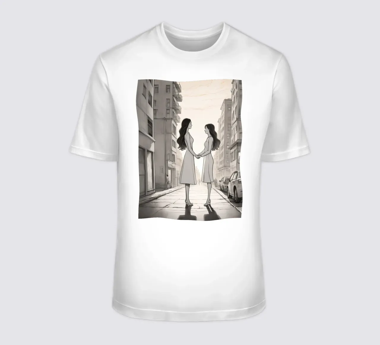 Due amici si tengono per mano in una strada della città t-shirt da DesignDoodle