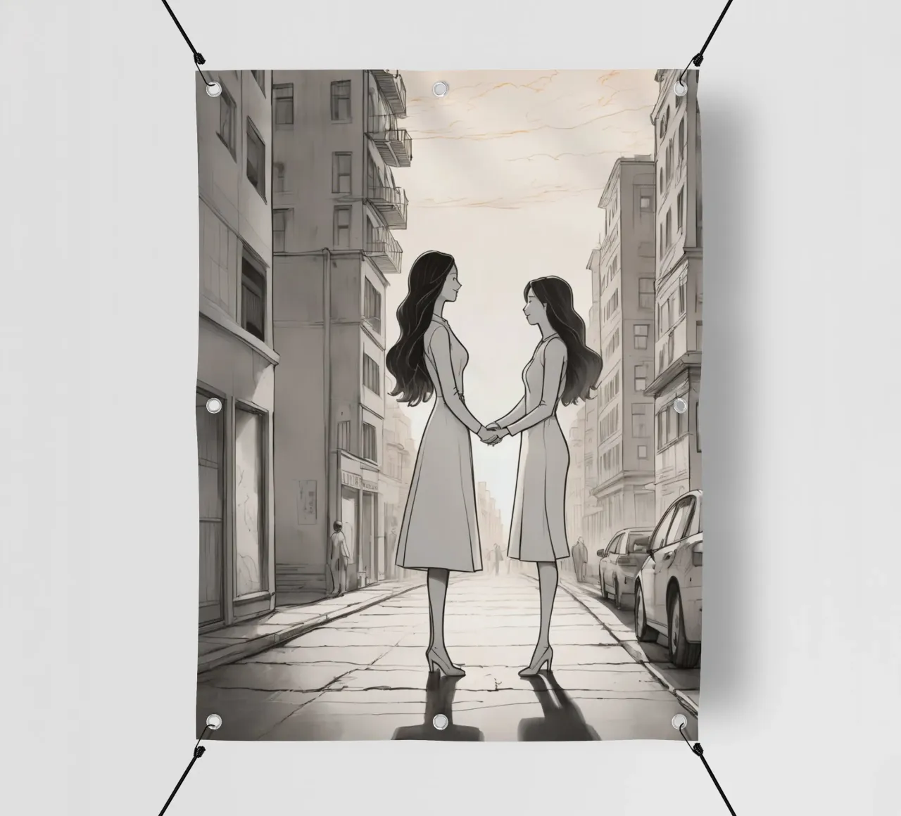 Due amici si tengono per mano in una strada della città telo in pvc da DesignDoodle