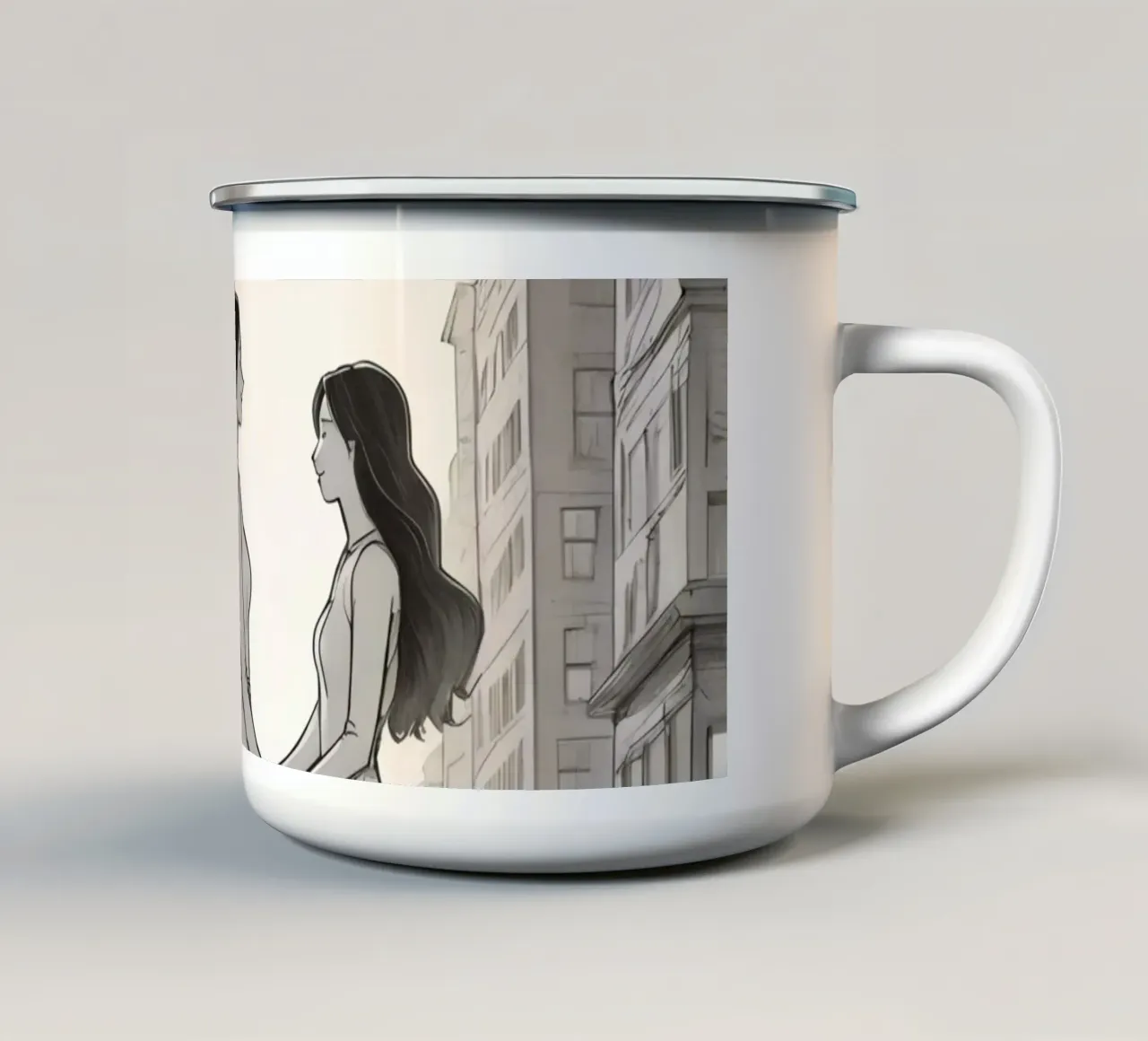 Due amici si tengono per mano in una strada della città tazza in smalto da DesignDoodle
