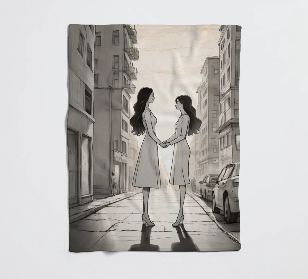 Due amici si tengono per mano in una strada della città coperta in pile da DesignDoodle