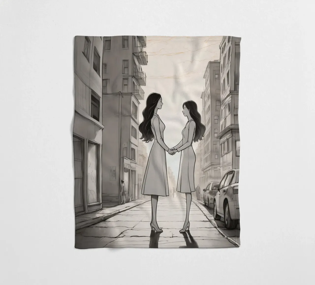 Due amici si tengono per mano in una strada della città coperta in pile da DesignDoodle