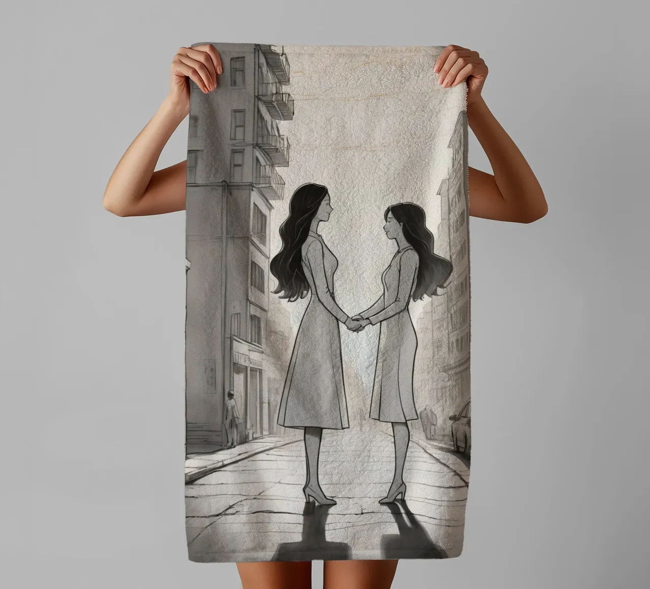 Due amici si tengono per mano in una strada della città asciugamano da bagno da DesignDoodle