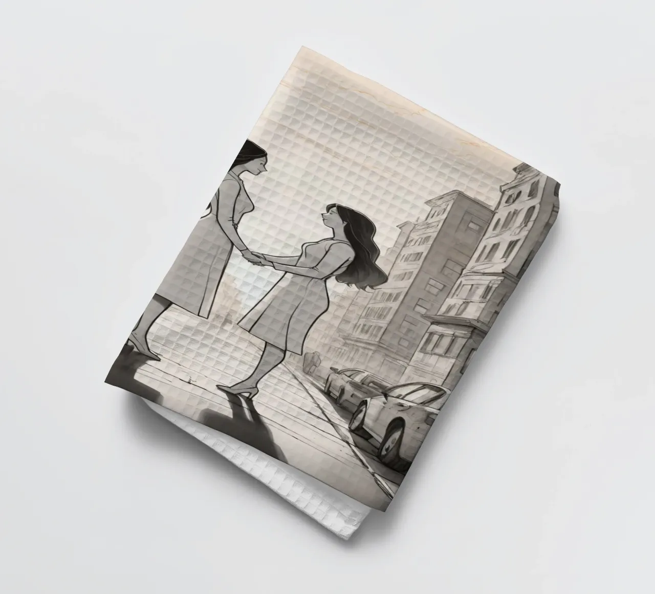 Due amici si tengono per mano in una strada della città canovaccio da cucina da DesignDoodle