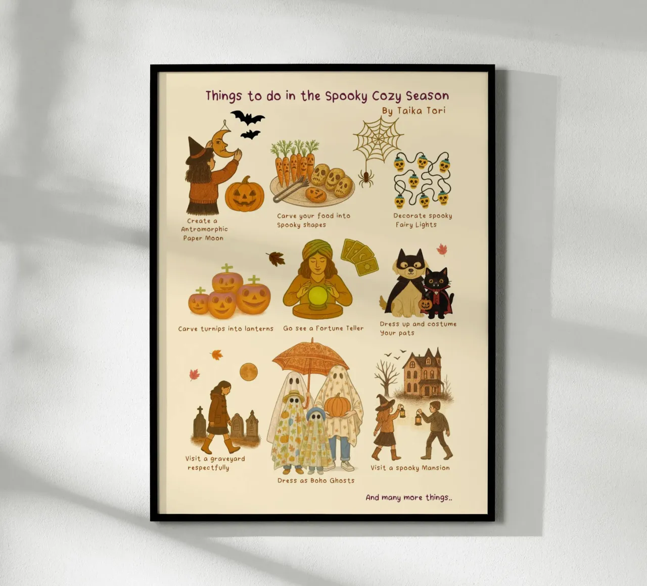 Choses à faire pendant la saison de l'effroi et de la chaleur poster avec cadre en aluminium de Taika Tori Art