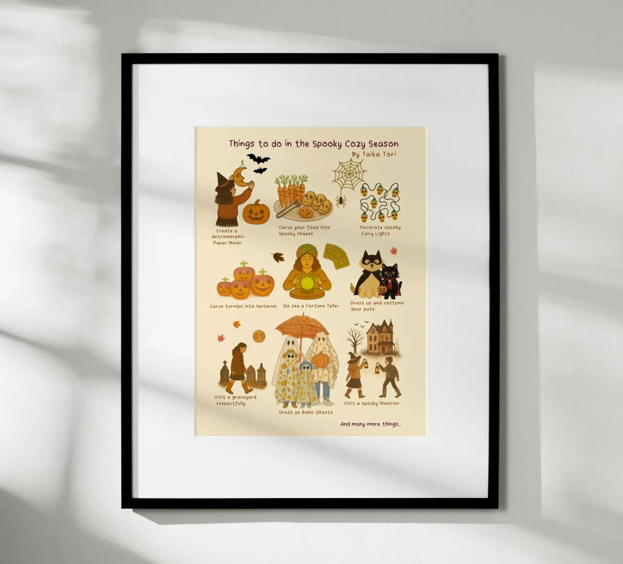 Choses à faire pendant la saison de l'effroi et de la chaleur poster avec cadre en aluminium de Taika Tori Art