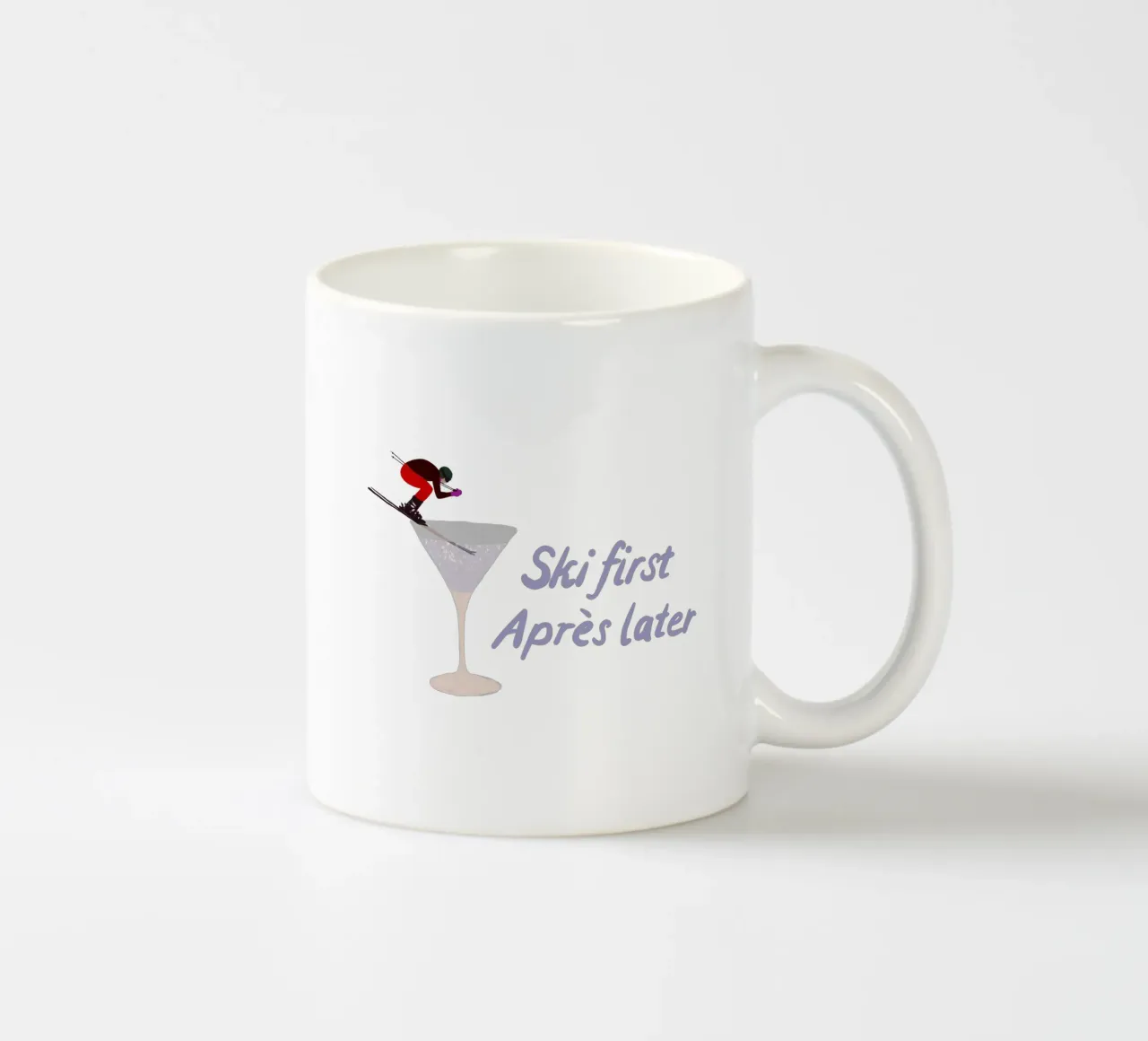 Ski first Apres later tazza in ceramica da Sophie Augustin Illustration