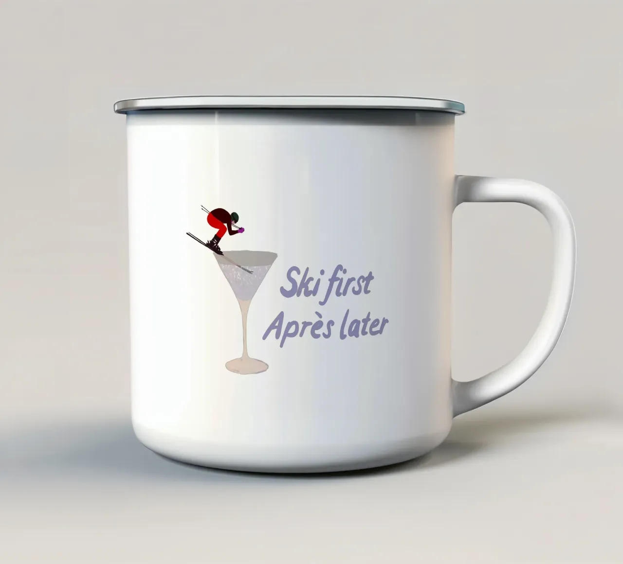 Ski first Apres later tazza in smalto da Sophie Augustin Illustration