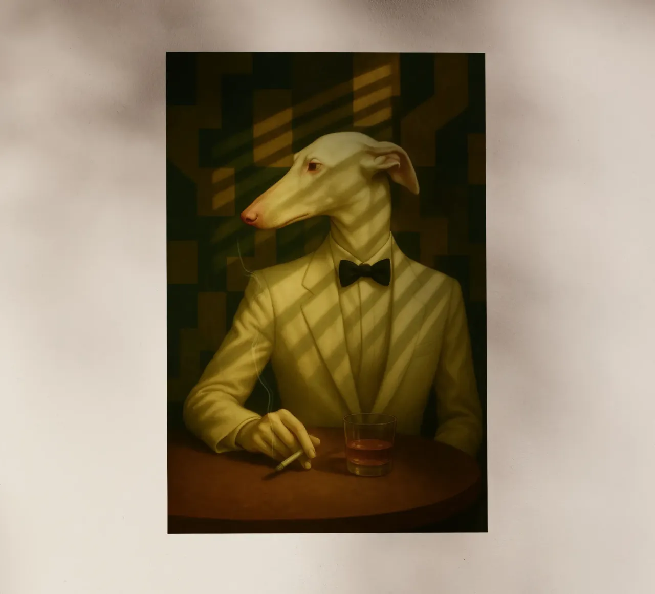 Casablanca Greyhound – Surreal Dog Portrait in Cream Tuxedo pellicola backlit da Elegant Absurd