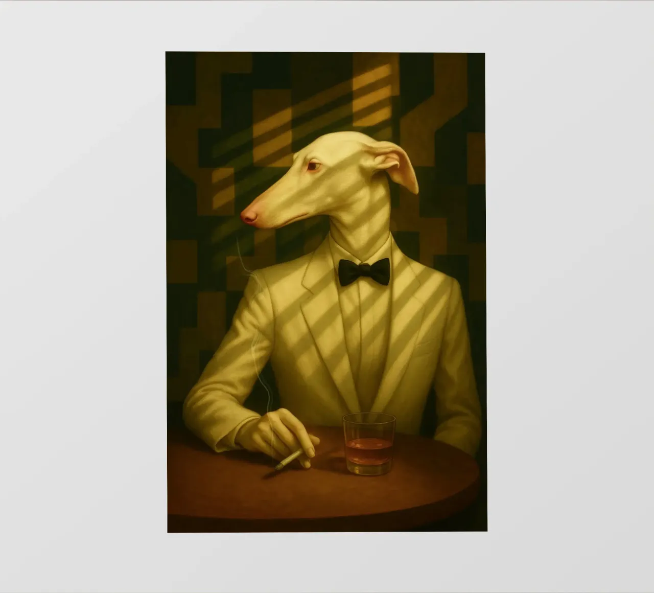 Casablanca Greyhound – Surreal Dog Portrait in Cream Tuxedo pellicola backlit da Elegant Absurd