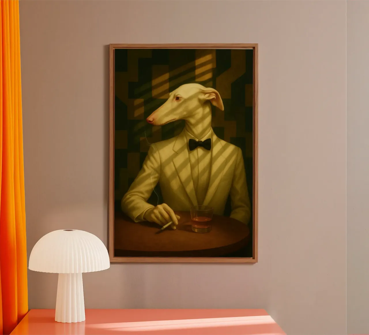 Casablanca Greyhound – Surreal Dog Portrait in Cream Tuxedo alluminio dibond da Elegant Absurd