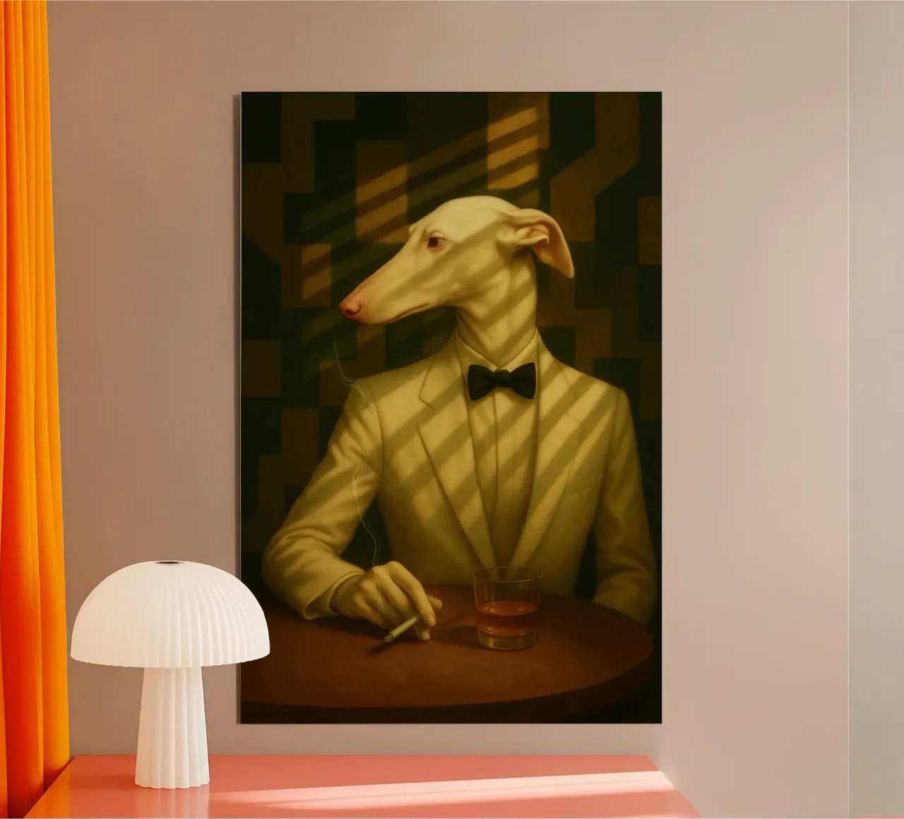 Casablanca Greyhound – Surreal Dog Portrait in Cream Tuxedo alluminio dibond da Elegant Absurd