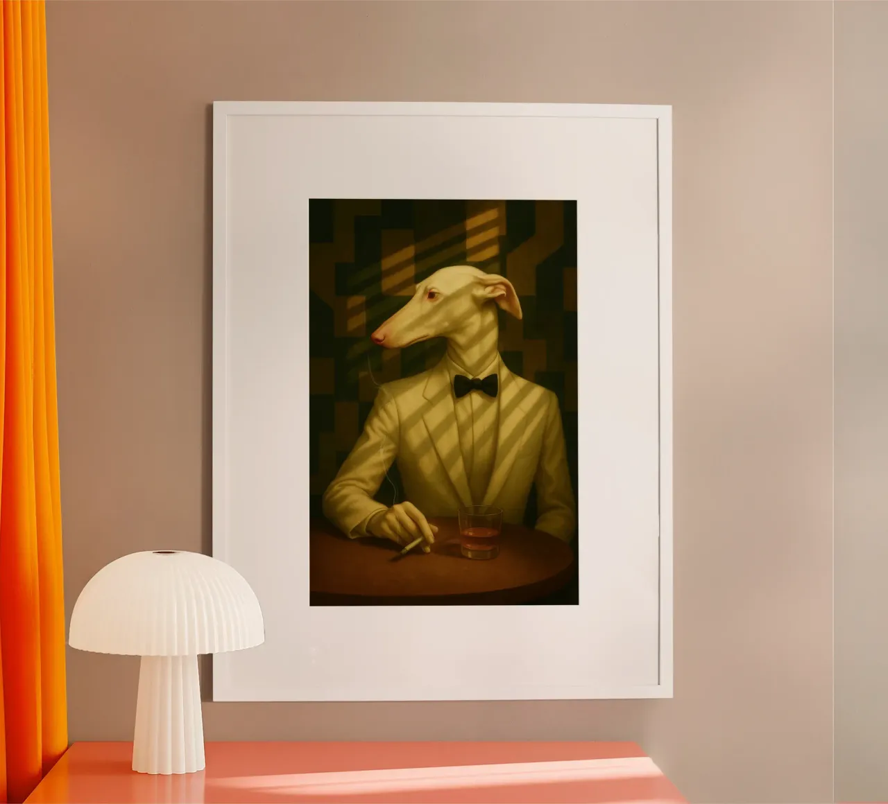 Casablanca Greyhound – Surreal Dog Portrait in Cream Tuxedo carta hahnemühle da Elegant Absurd