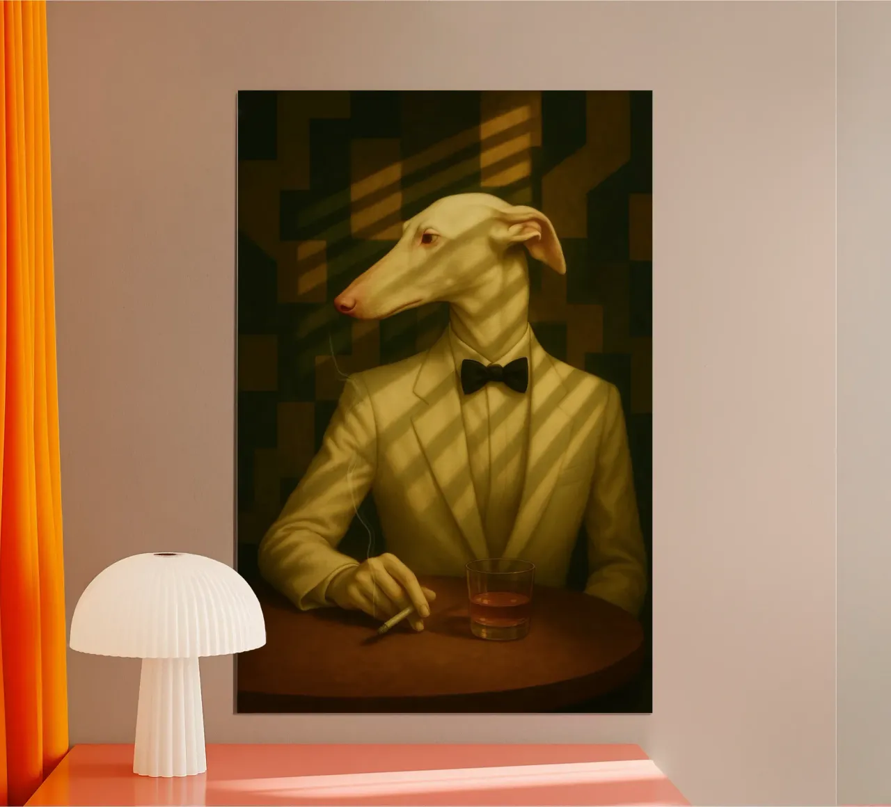 Casablanca Greyhound – Surreal Dog Portrait in Cream Tuxedo carta hahnemühle da Elegant Absurd